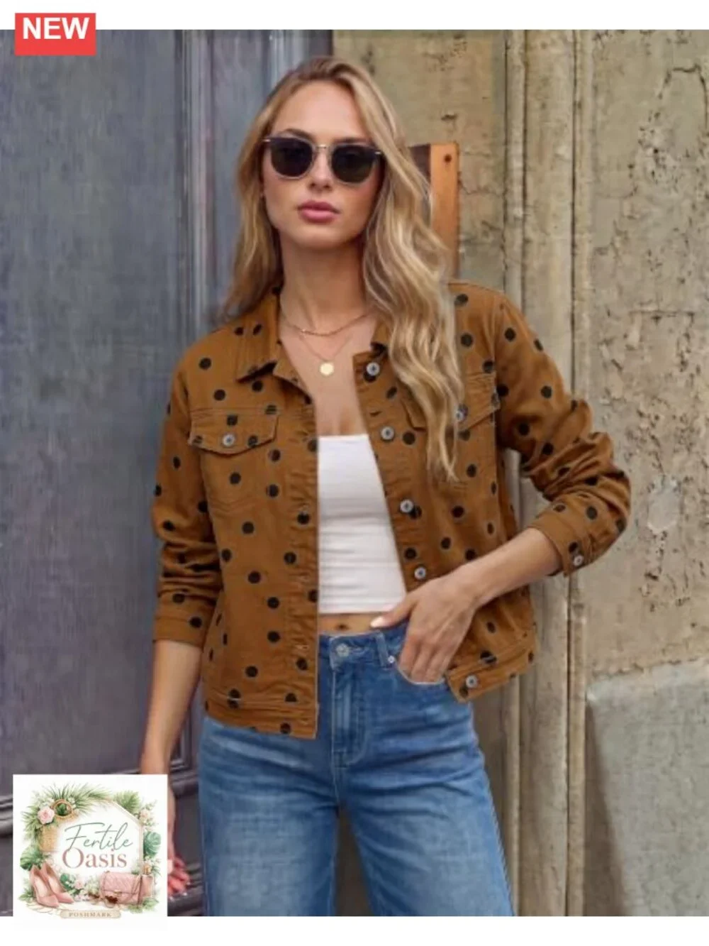 Polka Dot Denim Jacket Women Stretch Western Button Down